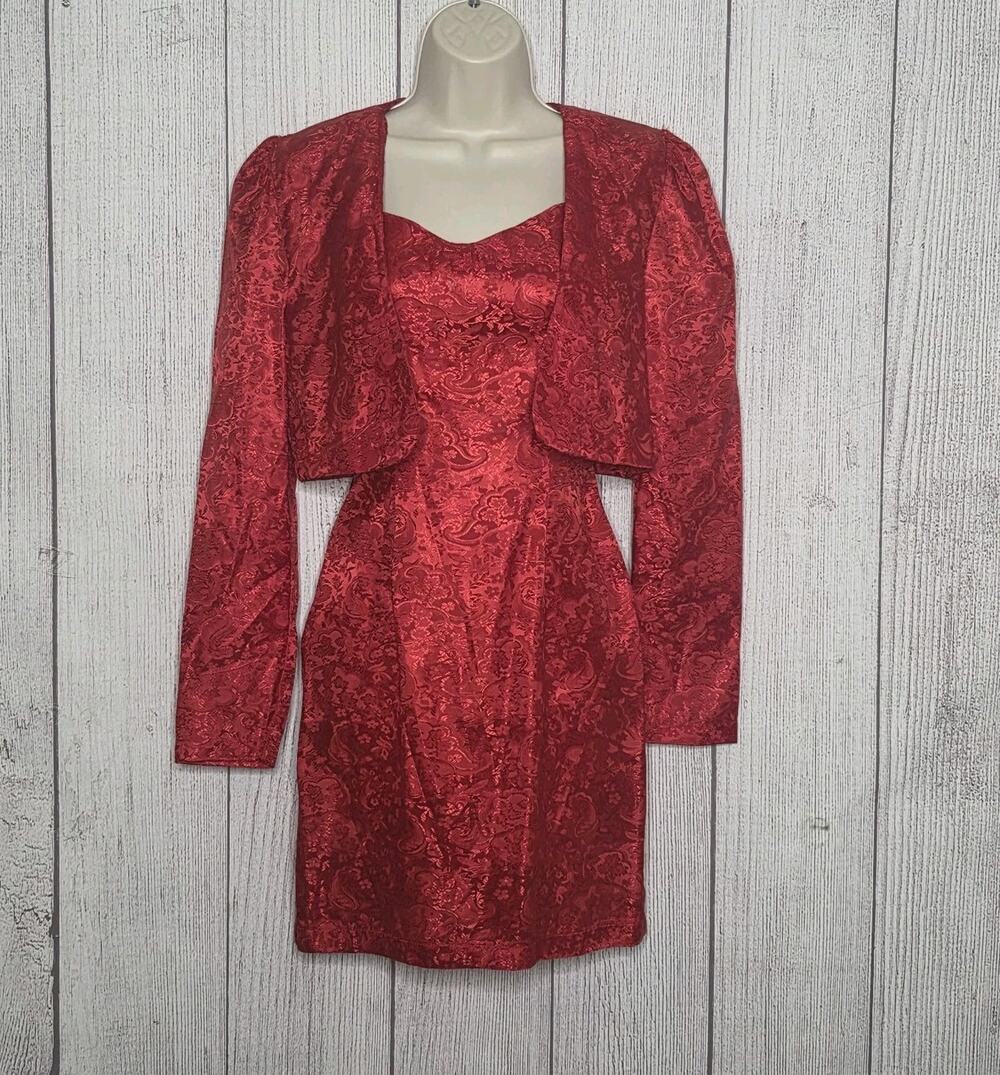 VTG Red Brocade Mini Dress & Bolero Set Jodi Schwartz Western Rodeo Glam, Sz 5